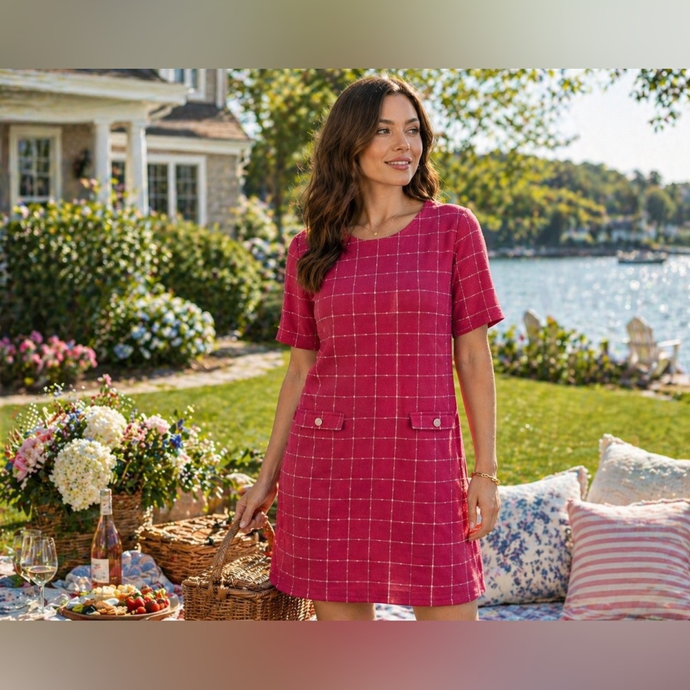 SHEIN Raspberry Plaid Short-Sleeve Shift Dress